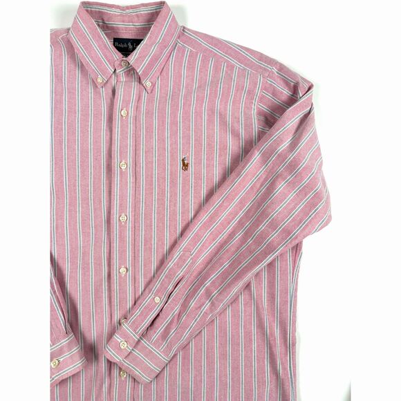 Vintage Ralph Lauren Men’s Classic Fit Button Up Shirt | Pink Blue Stripe Size M - Picture 2 of 9